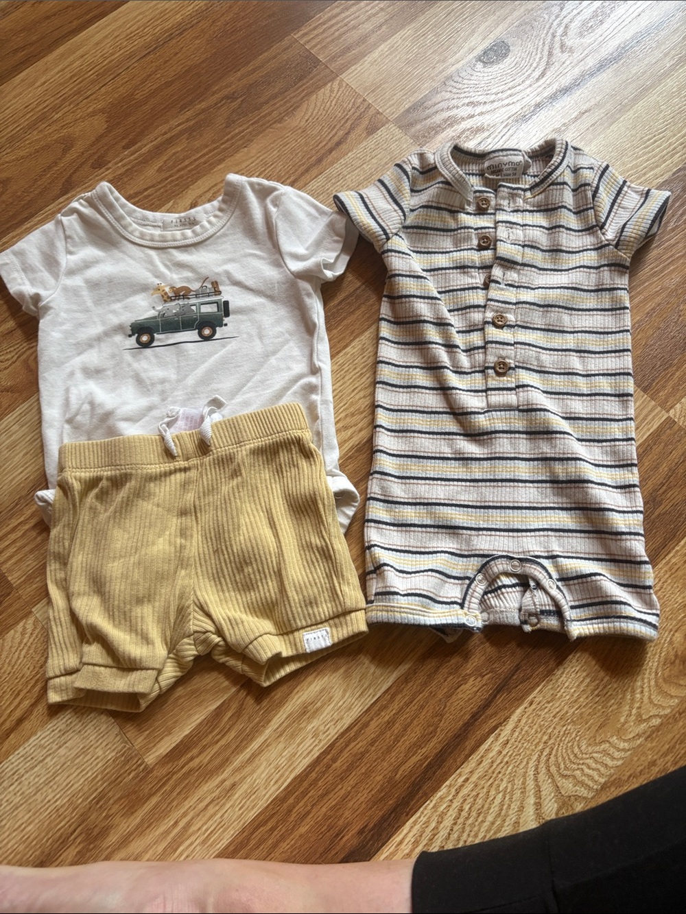 Neutral Striped Button Romper + Cream Truck Tee & Mustard Ribbed Shorts Set